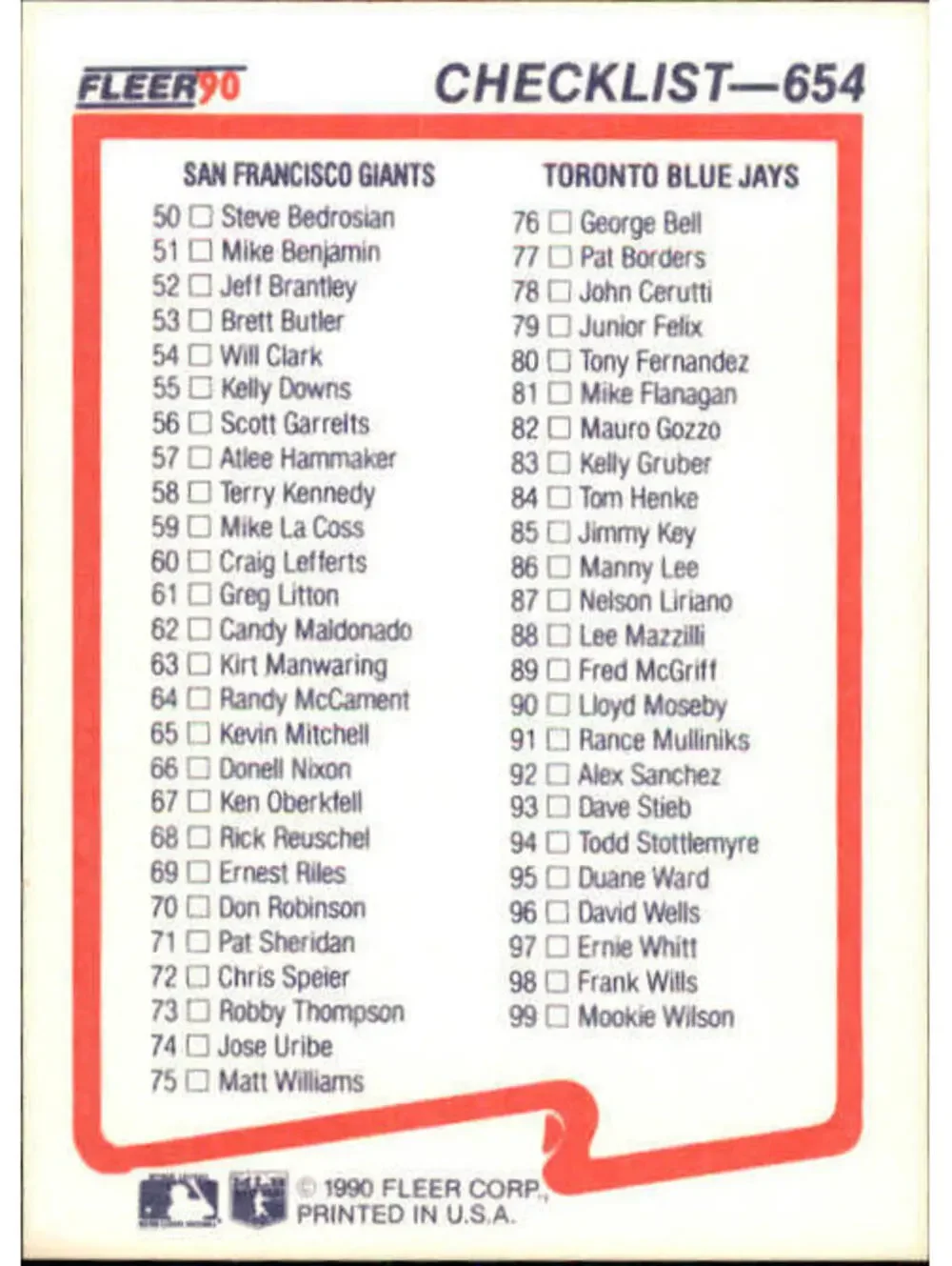 1990 Checklist Fleer Baseball Card #654